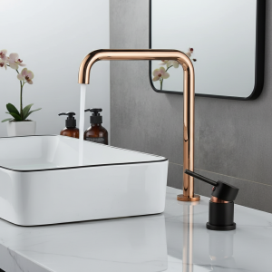 Bassin PLANHOsuper long tuyau deux trous, robinet de salle de bain en or rose, robinet de ark noir répandu tournant à 360 Bassin PLANHOsuper long tuyau deux trous, robinet de salle de bain en or rose, robinet de ark noir répandu tournant à 360