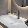 robinet mitigeur lavabo monocommande monotrou noir mat colonne élancée bec cascade haute contemporain minimaliste métal laiton chromé poignée rectangulaire vasque