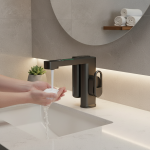 SINLAKU robinet de capteur de lavabo de salle de bains avec distributeur de savon en mousse monté sur le pont sortie de flux monotrou robinets mélangeurs sans contact