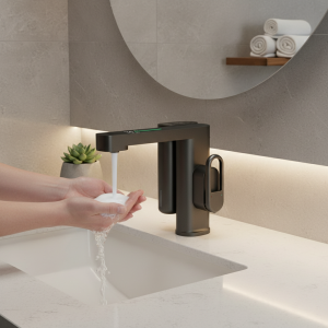 SINLAKU robinet de capteur de lavabo de salle de bains avec distributeur de savon en mousse monté sur le pont sortie de flux monotrou robinets mélangeurs sans contact SINLAKU robinet de capteur de lavabo de salle de bains avec distributeur de savon en mousse monté sur le pont sortie de flux monotrou robinets mélangeurs sans contact