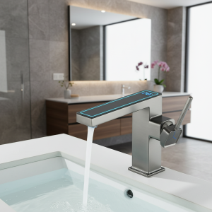 Robinet de Lavage avec Affichage Numérique de la Température, Lumière LED Grise, Eau Chaude et Froide, pour Évier de Centre Commercial, Grue Multifonction