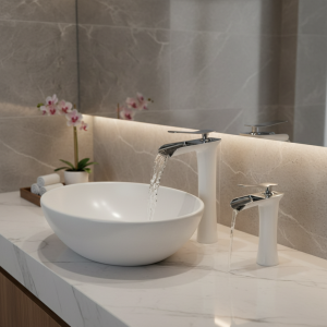 Senlesen robinet de lavabo de salle de bains chromé blanc, bec cascade monté sur le pont pour évier de navire, grue de robinet d’eau chaude et froide pour bain Senlesen robinet de lavabo de salle de bains chromé blanc, bec cascade monté sur le pont pour évier de navire, grue de robinet d’eau chaude et froide pour bain