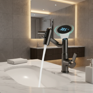 Robinet de lavabo de salle de bains à affichage numérique LED, Rotation à 360 degrés, pulvérisateur à jet multifonction, mélangeur d&rsquo;eau chaude et froide, robinet d&rsquo;évier de salle de bains