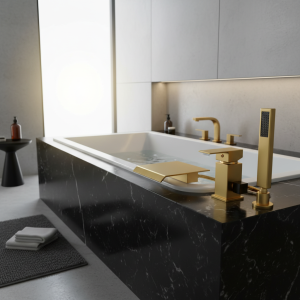 Robinet de baignoire cascade monté sur le pont, mélangeurs d’évier de salle de bains à 3 trous avec douchette, robinet de baignoire largement répandu or/noir/or Robinet de baignoire cascade monté sur le pont, mélangeurs d’évier de salle de bains à 3 trous avec douchette, robinet de baignoire largement répandu or/noir/or