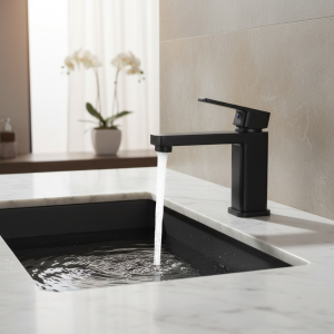 Robinet de salle de bains mitigeur chaud et froid, robinets de lavabo de salle de bains montés sur le pont, lavabo carré noir, robinet de baignoire