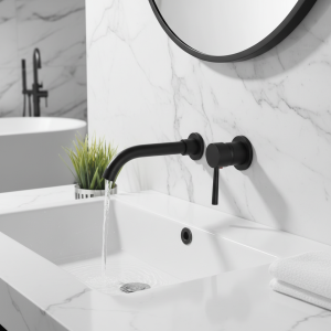 Robinet de lavabo noir mural à 2 trous, mitigeur de lavabo à levier unique, bec pivotant, installation dissimulée, robinet d&rsquo;eau chaude et froide
