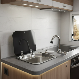 Lavabo à main en acier inoxydable pour caravane et Camping, évier avec couvercle en verre trempé, accessoires de camping-car recouverts d&rsquo;acier inoxydable
