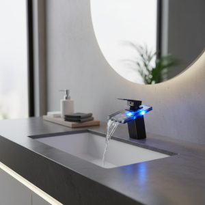 Cascade Shoous en laiton avec changement de couleur de la température, robinet de ark à LED, monté sur le pont, robinets noirs en verre d&rsquo;évier
