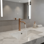 Robinet de lavabo de salle de bains en or brossé, mitigeur froid et chaud, robinet d&rsquo;eau monté sur le pont, trou unique et poignée, Style haut, or Rose brossé