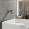 Robinet mural temporisé autofermant bouton poussoir laiton chromé finition miroir bec courbé compact aérateur intégré économique robuste Robinet mural temporisé autofermant bouton poussoir laiton chromé finition miroir bec courbé compact aérateur intégré économique robuste