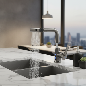 Affichage numérique de la température, robinet de ark, cascade, pulvérisateur à 3 voies, eau chaude et froide, évier, centre commercial