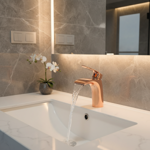 Robinet de lavabo de salle de bains moderne en or rose, cascade, mitigeur chaud et froid à trou unique pour lavabos Robinet de lavabo de salle de bains moderne en or rose, cascade, mitigeur chaud et froid à trou unique pour lavabos