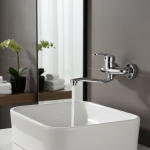 Robinet de lavabo mural à Double trous, mitigeur d&rsquo;eau chaude et froide, robinet mitigeur de salle de bains à poignée unique, finition chromée