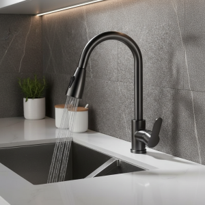 Robinet de cuisine noir mat, bec extractible à trou unique, mélangeur rotatif à 360 degrés, tête de pulvérisation, robinet mitigeur chaud et froid