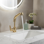 Robinet de lavabo de salle de bains doré, robinet extractible, montage sur pont, bec en laiton à 2 modes, poignée unique, mitigeur d&rsquo;eau froide et chaude, grue