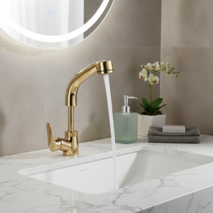 Robinet de lavabo de salle de bains doré, robinet extractible, montage sur pont, bec en laiton à 2 modes, poignée unique, mitigeur d’eau froide et chaude, grue Robinet de lavabo de salle de bains doré, robinet extractible, montage sur pont, bec en laiton à 2 modes, poignée unique, mitigeur d’eau froide et chaude, grue