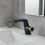 Robinet de salle de bain moderne avec affichage numérique de la température, interface semblable à un écran tactile, sans batterie, interrupteur Celsius/Fahrenheit