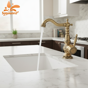 Robinet de cuisine en laiton antique, style rétro, montage sur pont court/haut, poignée unique, pour eau chaude et froide