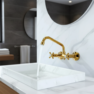 Évier Mural à Double Poignée en Laiton Chromé localité, Accessoire de Style Européen pour Centre Commercial Évier Mural à Double Poignée en Laiton Chromé localité, Accessoire de Style Européen pour Centre Commercial