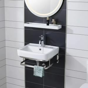 Lavabo à support en acier inoxydable, lavabo mural de salle de bains, lavabo en céramique Simple de petite taille, lavabo, évier