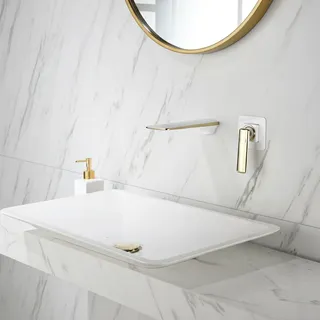 Robinet mural cascade lavabo blanc doré laiton massif monocommande…