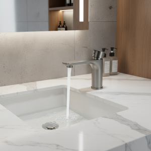 Robinet mitigeur chaud et froid pour lavabo de salle de bains brossé/gris, montage sur comptoir, poignée unique en acier inoxydable 304 Robinet mitigeur chaud et froid pour lavabo de salle de bains brossé/gris, montage sur comptoir, poignée unique en acier inoxydable 304