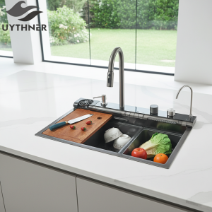 Évier de cuisine cascade gris odor, robinet de cuisine, grand évier simple, bassin à vaisselle, distributeur de tasses, laveuse