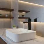 Robinet de salle de bains monotrou mitigeur d&rsquo;eau chaude et froide à poignée unique monté sur le pont en robinet de lavabo carré noir et chromé salle de bains