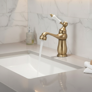 Robinet de lavabo doré, mélangeurs chauds et froids chromés, robinets de lavabo antiques, robinets de lavabo à poignée en céramique