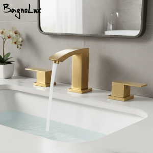 Robinet de lavabo en or brossé, carré à double poignées, 3 trous, mitigeur d&rsquo;évier monté sur le pont, robinet de salle de bains chaud et froid, 3 pièces