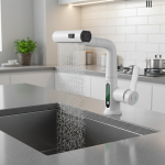 Robinet de cuisine extractible cascade, blanc, affichage numérique Intelligent, robinets mélangeurs froids et chauds, évier rotatif, robinet de lavabo de levage