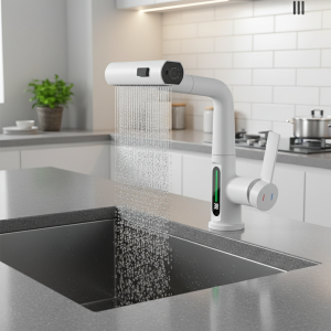Robinet de cuisine extractible cascade, blanc, affichage numérique Intelligent, robinets mélangeurs froids et chauds, évier rotatif, robinet de lavabo de levage
