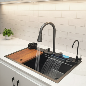 Évier de cuisine cascade LED 304 évier en acier inoxydable grand lavabo simple avec affichage LED multifonction cascade robinet pistolet gris