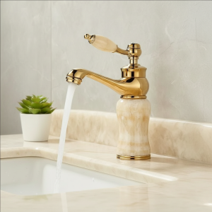 Robinet de lavabo de salle de bains de luxe en or Rose, mitigeur d&rsquo;évier de vanité à poignée unique en Jade, robinets d&rsquo;eau en laiton naturel, robinet d&rsquo;évier
