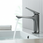 Robinet mitigeur d&rsquo;eau chaude et froide gris, robinet de salle de bains moderne à noyau en laiton, mitigeur d&rsquo;eau chaude et froide à poignée unique, grue de lavabo montée sur le pont pour salle de bains