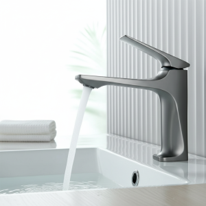 Robinet mitigeur d’eau chaude et froide gris, robinet de salle de bains moderne à noyau en laiton, mitigeur d’eau chaude et froide à poignée unique, grue de lavabo montée sur le pont pour salle de bains Robinet mitigeur d’eau chaude et froide gris, robinet de salle de bains moderne à noyau en laiton, mitigeur d’eau chaude et froide à poignée unique, grue de lavabo montée sur le pont pour salle de bains