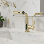 Bassin à affichage numérique de la température en or brossé, F/05 et levage, pulvérisateur de flux vers le bas, eau chaude et froide, robinet de vanité de centre commercial