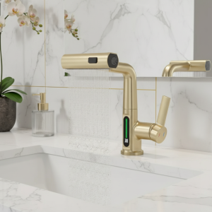 Bassin à affichage numérique de la température en or brossé, F/05 et levage, pulvérisateur de flux vers le bas, eau chaude et froide, robinet de vanité de centre commercial Bassin à affichage numérique de la température en or brossé, F/05 et levage, pulvérisateur de flux vers le bas, eau chaude et froide, robinet de vanité de centre commercial