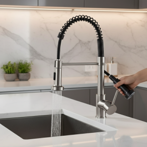 Robinet de cuisine en Nickel brossé à ressort, mitigeur monté sur le pont 360 °   Robinets rétractables chauds et froids d&rsquo;évier de buse de pulvérisateur de flux de rotation