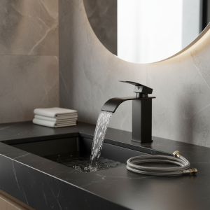 Robinet cascade en acier inoxydable, lavabo noir avec tuyau d&rsquo;entrée d&rsquo;eau chaude et froide, lavabo de toilette, salle de bains, maison