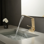Robinet de lavabo cascade or brossé, robinet de salle de bains en laiton à poignée unique, mélangeur d&rsquo;eau chaude et froide à trou unique, robinets montés sur le pont