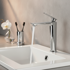 Robinet de lavabo chromé de salle de bains, robinet de lavabo monté sur le pont, robinet de mélangeur d&rsquo;eau chaude et froide de Type court/haut, grue à une poignée