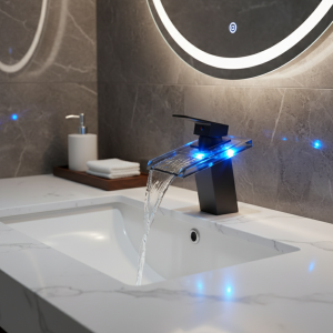 Robinet d’évier de lavabo cascade à couleur changeante LED de luxe, robinets mélangeurs chauds et froids montés sur le pont à poignée unique Robinet d’évier de lavabo cascade à couleur changeante LED de luxe, robinets mélangeurs chauds et froids montés sur le pont à poignée unique