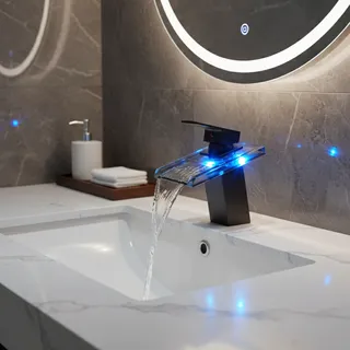 Robinet d'évier de lavabo cascade à couleur changeante LED de luxe