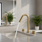 Robinet de lavabo en or brossé, robinet chaud et froid, conception moletée pour salle de bains, 2 poignées, 3 trous, mélangeur d&rsquo;évier monté sur bureau 360 °   Bec de rotation