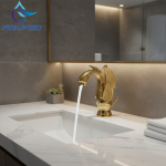 Robinet de lavabo de salle de bains en laiton doré, mitigeur d&rsquo;évier de vanité de Style cygne, robinets mélangeurs chauds et froids montés sur le pont, grue à poignée unique