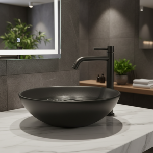 Robinet mitigeur d&rsquo;eau chaude et froide pour lavabo, grand lavabo mince noir chromé, robinet de salle de bains monté sur le pont