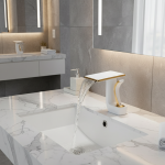 Robinet d&rsquo;Évier Monté sur le Pont, Cascade, Blanc et Or, Eau Froide et Chaude