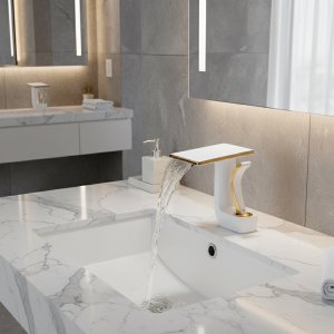 Robinet d&rsquo;Évier Monté sur le Pont, Cascade, Blanc et Or, Eau Froide et Chaude