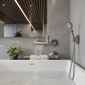 Ensemble de robinets de baignoire cascade, pomme de douche à main, mural en laiton, remplissage de baignoire de salle de bains, bec cascade, robinet mitigeur chaud et froid Ensemble de robinets de baignoire cascade, pomme de douche à main, mural en laiton, remplissage de baignoire de salle de bains, bec cascade, robinet mitigeur chaud et froid